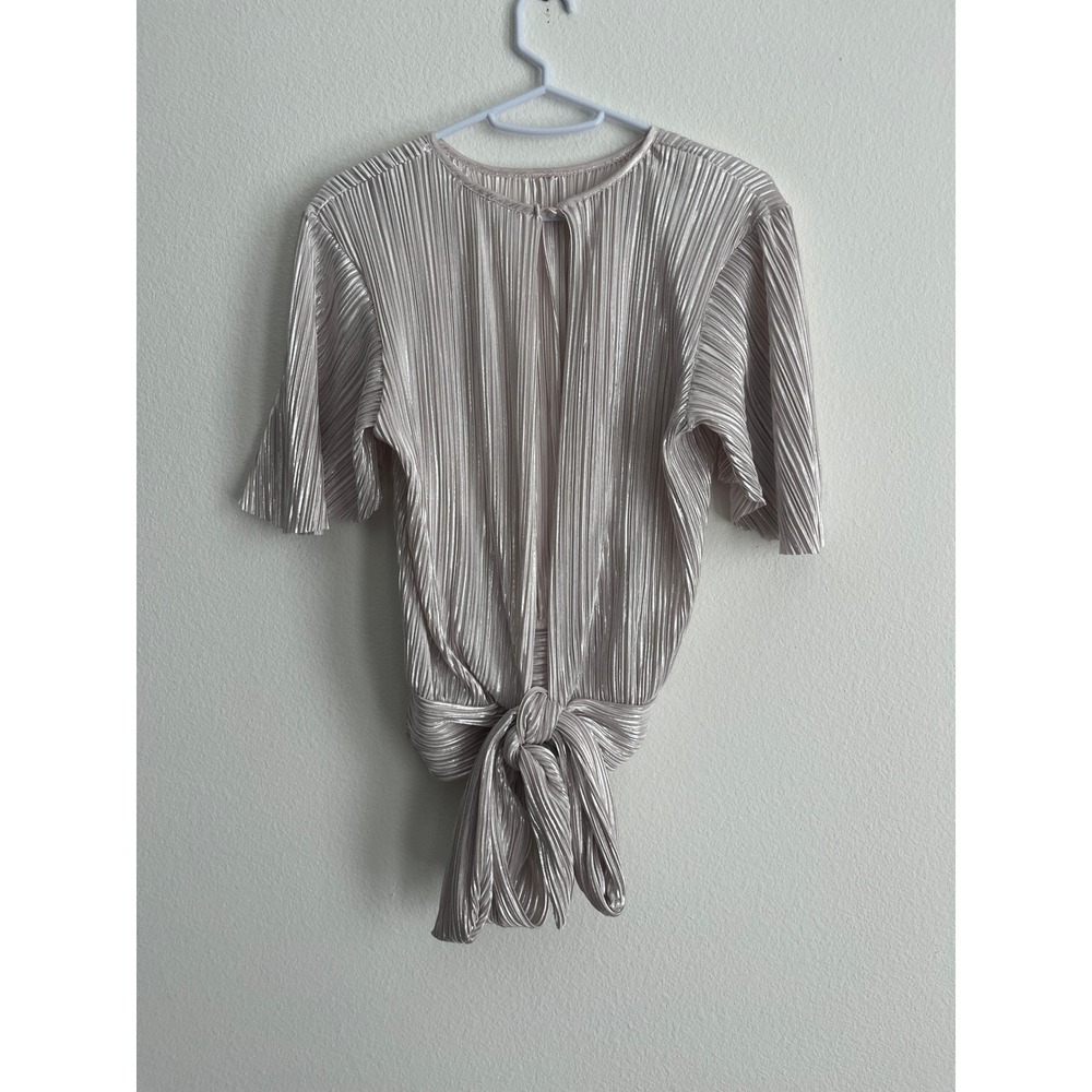Venus Champagne Metallic Pleated Tie Back Open Back Blouse Top Womens Small